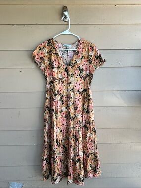 Sonoma Floral Button Front Short Sleeve Midi Dress Sz S Modest Casual Oversized